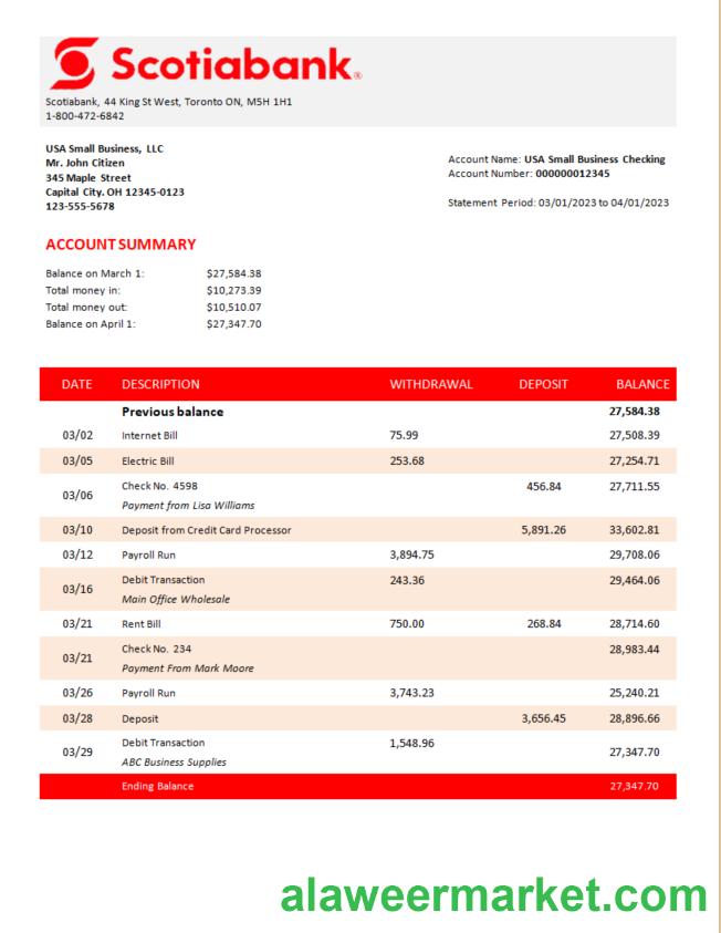 Scotiabank  Bank organization statement Word and PDF template
